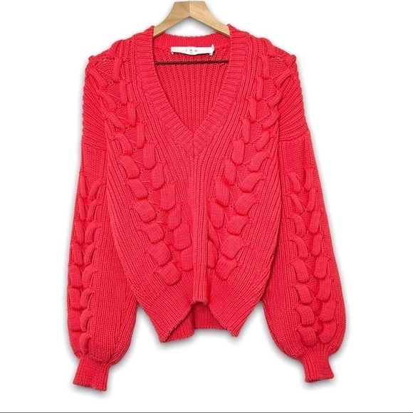 IRO Oversized Chunky Cable Knit Puffed Balloon Sleeve Ribbed V-Neck Sweater XL - Picture 4 of 10